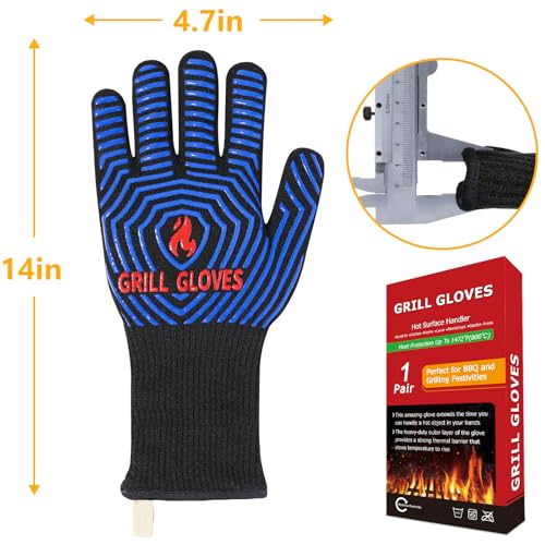 BBQ Gloves Oven Gloves 1472℉ Extreme Heat Resistant (Black Blue / One Size Fits Most(Long Cuff))