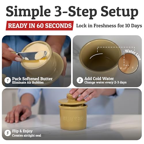 Butter Crock with Lid for Countertop with Spreader Knife and Water Line (Khaki / Regular)