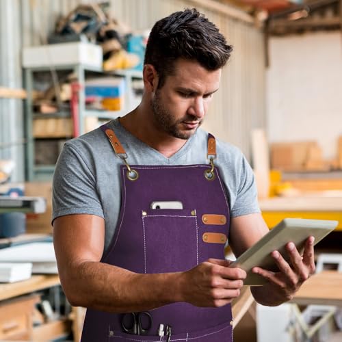 Chef Apron for Men Women Canvas Aprons with 3 Pockets Cross Back Resistant Work Apron for Cooking Grilling Baking BBQ Barber Kitchen (Purple)