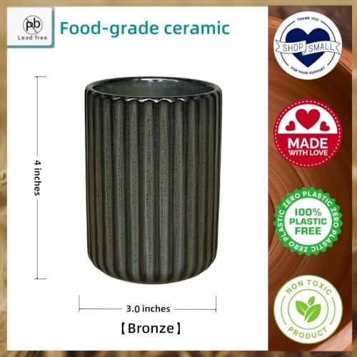 Stoneware Coffee Bar Utensil Holder Tea & Coffee Spoon & Stirrer Holder for Stir Stick Straw Teaspoon Holder Espresso Spoon Cup Small Utensil Jar Fluted Vertical Stripe (Retro Bronze)