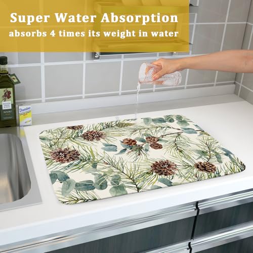 Winter Christmas Dish Drying Mat for Kitchen Counter 18x24 Evergreen Leaves Pinecone Holiday Theme Absorbent Reversible Microfiber Drying Mats Kitchen Countertop Protector Dishes Drainer Pad (18" x 24")