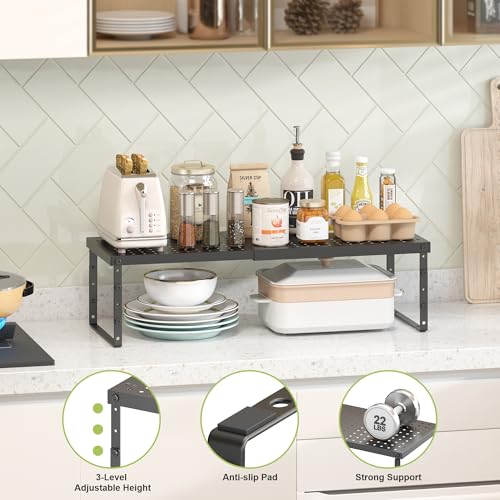 Expandable Cabinet Organizer Shelf With Adjustable Height (Black-2 Pack / 10.23"D*15.35-26.77"W x 7.5"H)