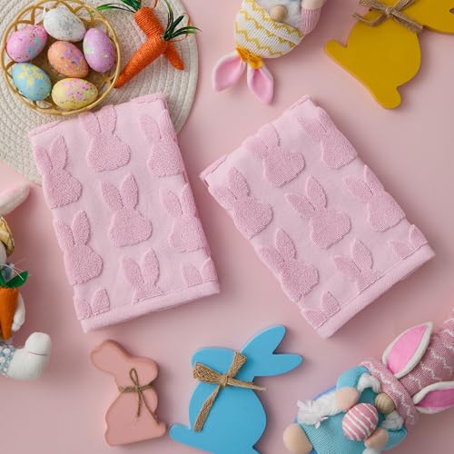 2 Pack Easter Hand Towels Pink Rabbit Cotton Bathroom Towel Decorative Absorbent Bath Towel for Drying Cleaning Cooking (Pink Rabbit / 13.7'' x 29.5'')