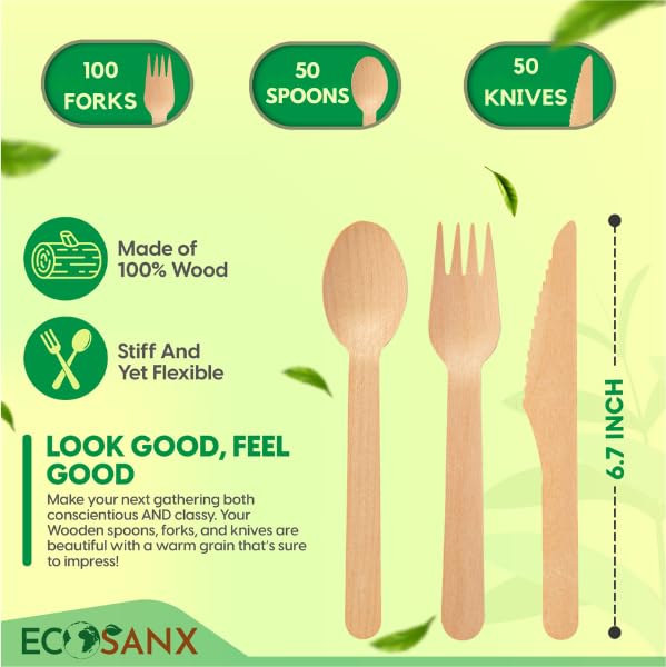 200 PCs Disposable Wooden Cutlery set 6.3" Splinter Free Compostable Utensils for party