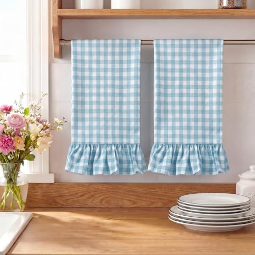 2 Pcs Light Blue Gingham Kitchen Towels Cotton Ruffled (Light Blue / Gingham)