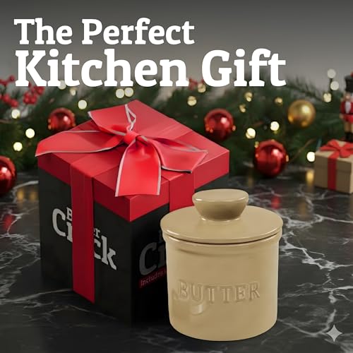 Butter Crock with Lid for Countertop with Spreader Knife and Water Line (Khaki / Regular)