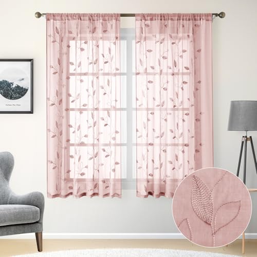 Blush Pink Sheer Curtains Floral Embroidered (52"W x 63"L (Pack of 2) / Blush Pink)