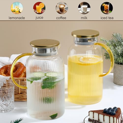 2 Pack Glass Pitcher with Lid (Vertical Striped 68 oz)