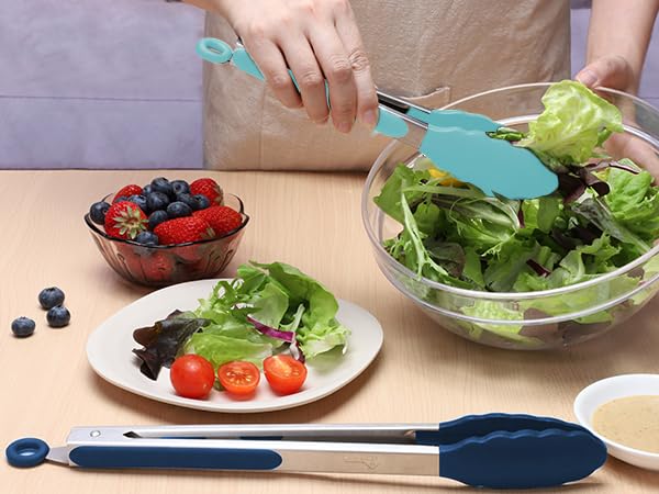 Premium Stainless Steel Locking Kitchen Tongs with Silicon Tips (Gradient Blue:12+9+7inch)