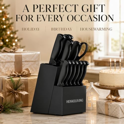 14 Piece Black Kitchen Knife Block Set with Built (Black)