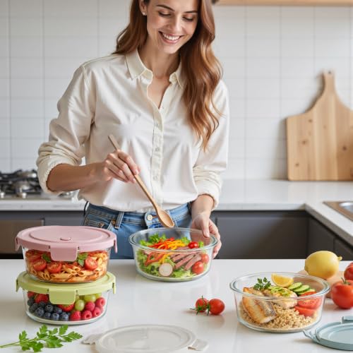 4 Cup 32oz Borosilicate Glass Meal Prep Containers with Vented Lids (Multicolor+Clear / 32oz)
