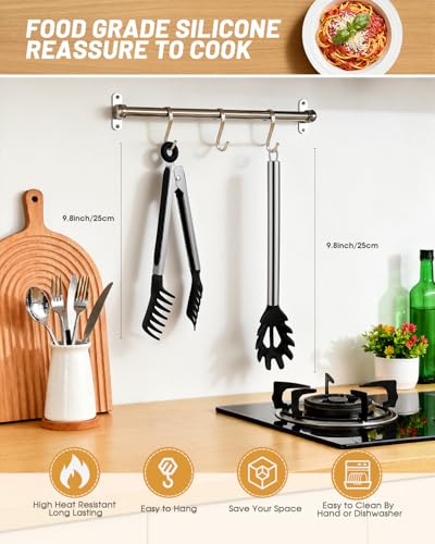 Spaghetti Spoon and Pasta Tong with Grip Teeth and Drain Holes (Black)