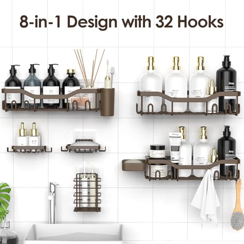 Shower Caddy Adhesive Shower Organizer 8 (Brown / 8-Piece Set)