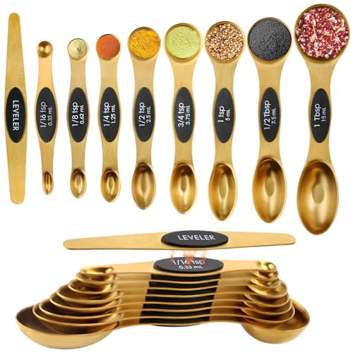 Gold Magnetic Measuring Spoons Set Stainless Steel with Leveler (Gold)