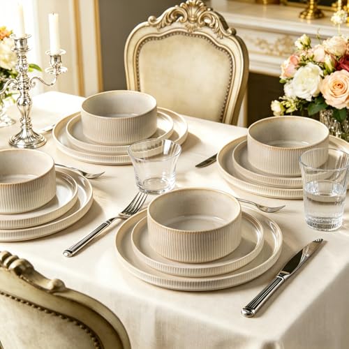 Stoneware Dinnerware Sets for 4 (Beige / 4-Set(12pcs))