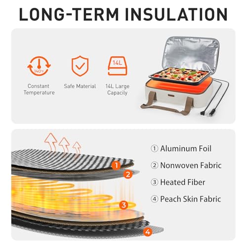 Food Warmer Heated Casserole Carrier Electirc 12V 110V Portable Food Warmer Insulated Casserole Carrier for Fits 9" x 13" Baking Dish (Beige / Standard Heater 16.93 x 11.02 x 4.72inch)