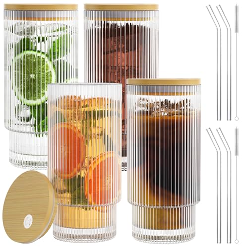 16OZ Ribbed Glass Cups with Lids and Straws (4*Glasses+4*Lids+4*Straws)