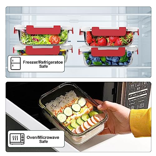 10 PACK 22 OZ Glass Meal Prep Containers Set with Lids (Red)