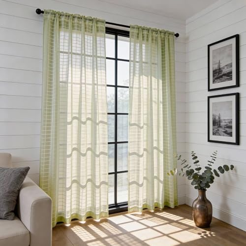 Check Sheer Curtains 84 Inches 2 Panels Set (Check - Sage Green / 52"W x 84"L (Pack of 2))