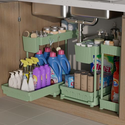 3-Pack 2-Tier L-Shaped Under Sink Organizers with Sliding Drawers (Green / 12.85 Inch)