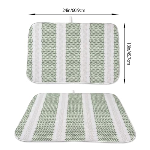 Boho Sage Green Dish Drying Mat 18 x 24 inch Modern Geometry Polka Dot Striped Decorative Drying Mats Microfiber Absorbent Dish Washable Draining Mat for Kitchen Counter Decor (18x24 Inch / Sage Green Striped)