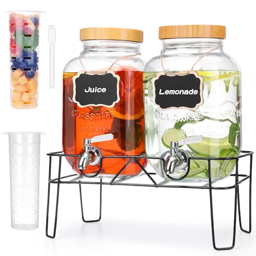 2 Pack 1 Gallon Glass Drink Dispenser with Bamboo Lids