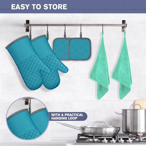 6 Pcs Oven Mitts and Pot Holders (Lake Blue)