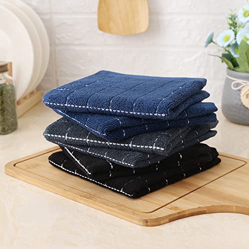 100% Cotton Terry Kitchen Dish Cloths (Navy+grey+black / 12 X 12 - 6 Pack)