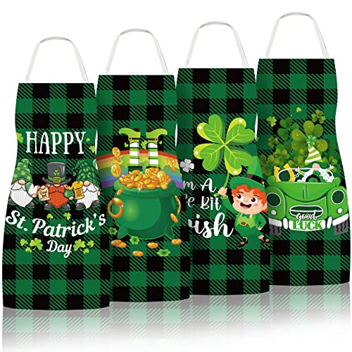 St. Patrick's Day Aprons 4 Pack Green Black Plaid Chef Cooking Aprons Shamrock Gnome Clover Adjustable Washable Kitchen Apron Collection for Irish Holiday Dinner Baking BBQ Grilling Supplies (St. Patrick's Day)