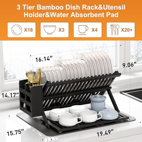 Black Bamboo Dish Drying Rack with Utensil Holder (Black / 3-Tier+Dish Drying Mat)