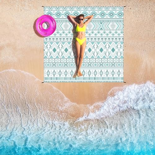 Beach Blanket Mat Waterproof Sandproof for 2 (Boho Style Green / 79" X 83"（1-4person）)