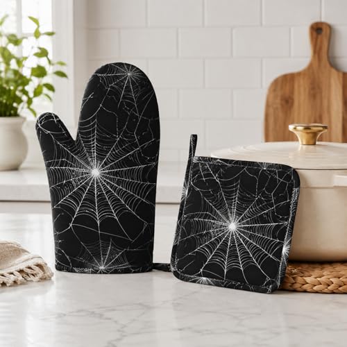 Spider Web Oven Mitts and Pot Holders Sets Silicone Kitchen Mitts Potholders Heat Resistant Oven Gloves Hot Pads for Kitchen Baking Cooking (Spider Web)