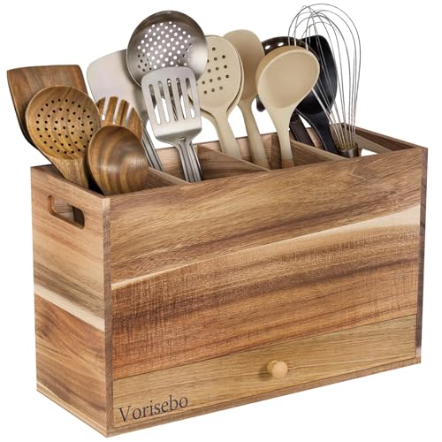 Acacia Wood Kitchen Utensil Holder with Drawer
