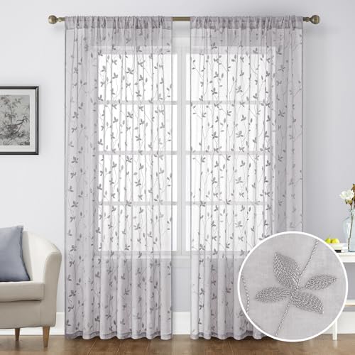 Light Grey Sheer Curtains Vine Embroidered (52"W x 96"L (Pack of 2) / Vine Light Grey)