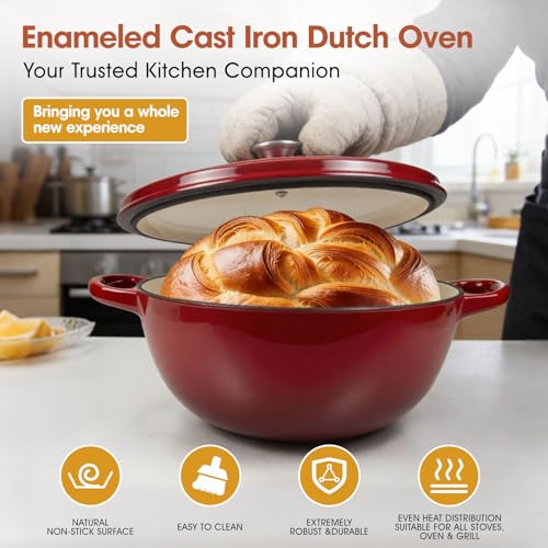 5QT Enameled Cast Iron Dutch Oven for Bread & Multi (Red)