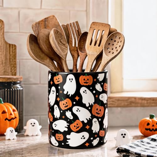 Halloween Ceramic Utensil Holder Ghost Pumpkin Kitchen Crock (Halloween Black Ghost)