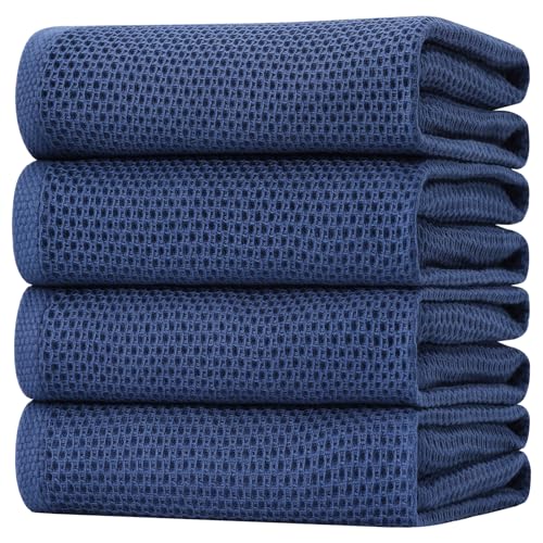 100% Cotton Oversized Waffle Weave Kitchen Towels 4 (Navy Blue / 20 X 28 - 4 Pack)