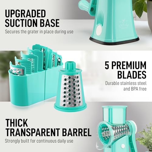 Rotary Cheese Grater Manual Hand Crank 5 Blade Shredder (5 Blades / Teal)