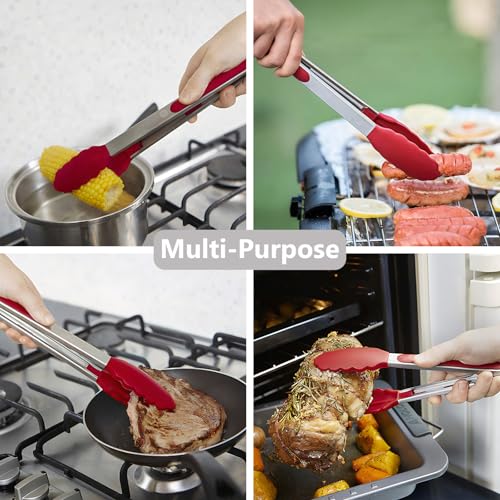Kitchen Tongs for Cooking w Non (Red / 3Pcs, 7+9+12 Inch)