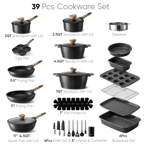 39pcs Nonstick Cookware Sets (Black / 39 Piece)