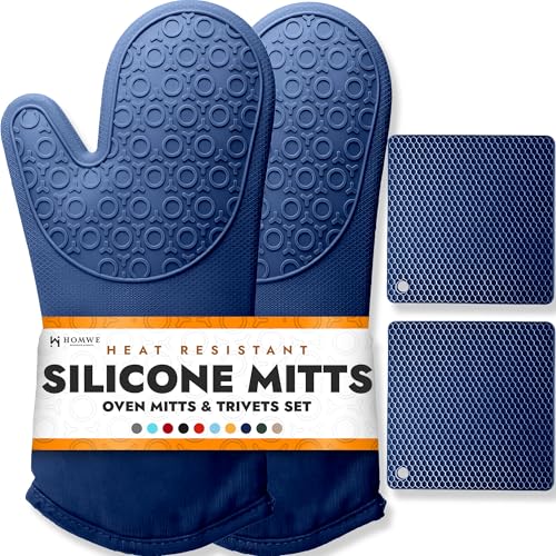 BPA Free Soft Silicone 4 Piece Oven Mitts & Trivets Set (Blue / 4-Piece Oven Mitts & Trivets Set)