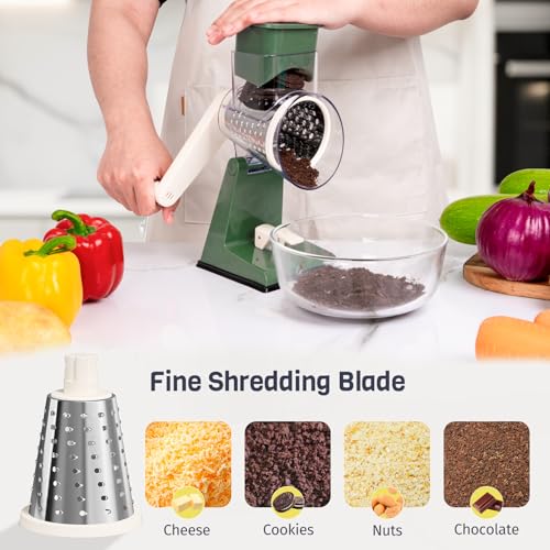Upgraded Rotary Cheese Grater with 3 Interchangeable Stainless Steel Drums (Olive Green)