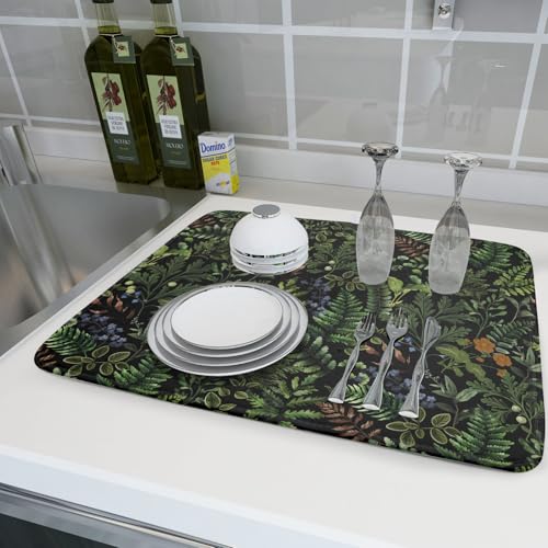 Black Sage Green Plant Dish Drying Mat for Kitchen Counter (18" x 24")