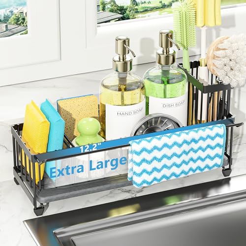 Large Sink Caddy Organizer with Towel Holder (Black with Towel Rack)