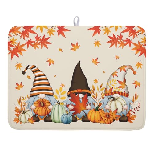 Fall Gnome Dish Drying Mat for Kitchen Counter Autumn Pumpkin Maple Leaves Dishes Pad Absorbent Fast Dry Dish Drainer Rack Mats 18x24 Inch Thanksgiving Day Drying Mats for Counter Accessories (Fall Gnome style / 18" x 24")