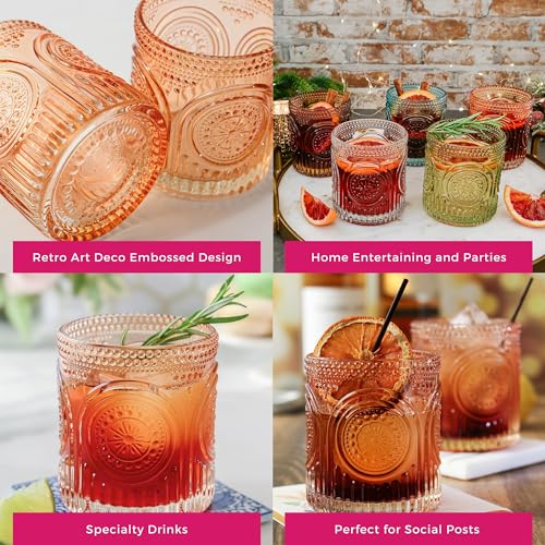 Ribbed Retro Arch Floral Rose Gold Drinking Glasses Set of 6 (10 oz / Rose Gold)