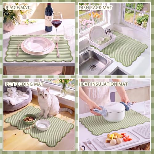 Sage Green Ticking Stripe Scalloped Coffee Mat 12" x 20" Bar Mat (Sage Green / Ticking Stripe)