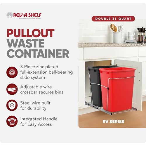 RV-18KD-1618C-S Double Pullout Trash Can for Kitchen Cabinets 35 Qt Garbage Recycling Bin on Full Extension Slides, Red/Black (Red & Black)