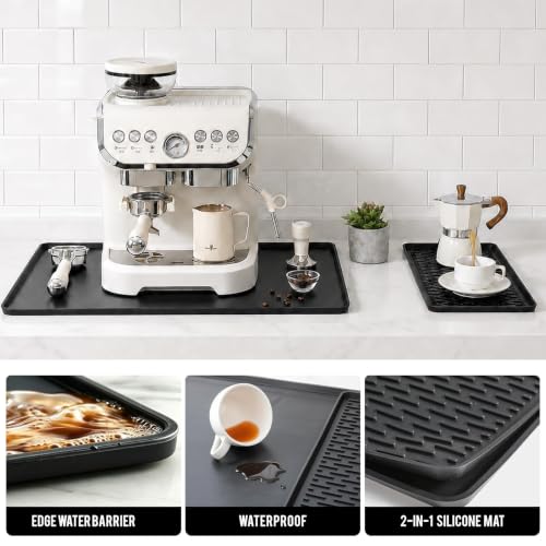 2 in 1 Extra Large 16"x28" Silicone Coffee Bar Mat Accessories Heat Resistant for Espresso Machine with Detachable Dish Drying Rug Rack Stone Kitchen Office Home Cafetera Essentials Black (Black / 28" x 16")