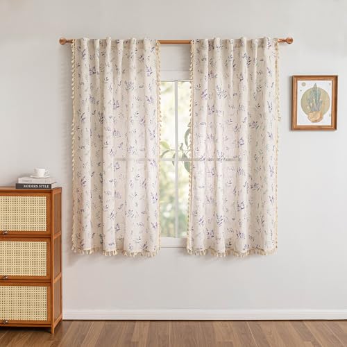 Purple Floral Boho Linen Curtains 63 Inch Length 2 Panels Vintage Farmhouse Light Filtering Semi Sheer Privacy Protect Drapes with Tassel for Bedroom Back Tab Rod Pocket (Purple / 50"W x 63"L (Pack of 2))